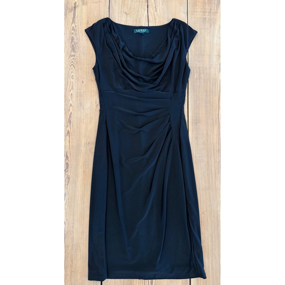 Lauren Ralph Lauren Black Sleeveless Cowl Neck Dress Ruched Sheath Bodycon 6 - Picture 6 of 9